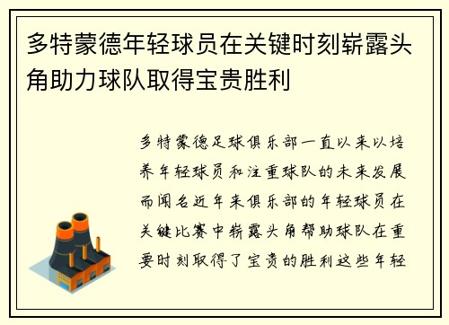 多特蒙德年轻球员在关键时刻崭露头角助力球队取得宝贵胜利